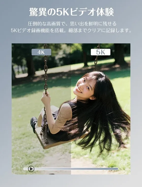 5Kビデオの驚質的な高画質をアピールする画像です。ブランコに乗る女性の笑顔が4Kと5Kの画質比較で示され、鮮明な記録を強調しています。