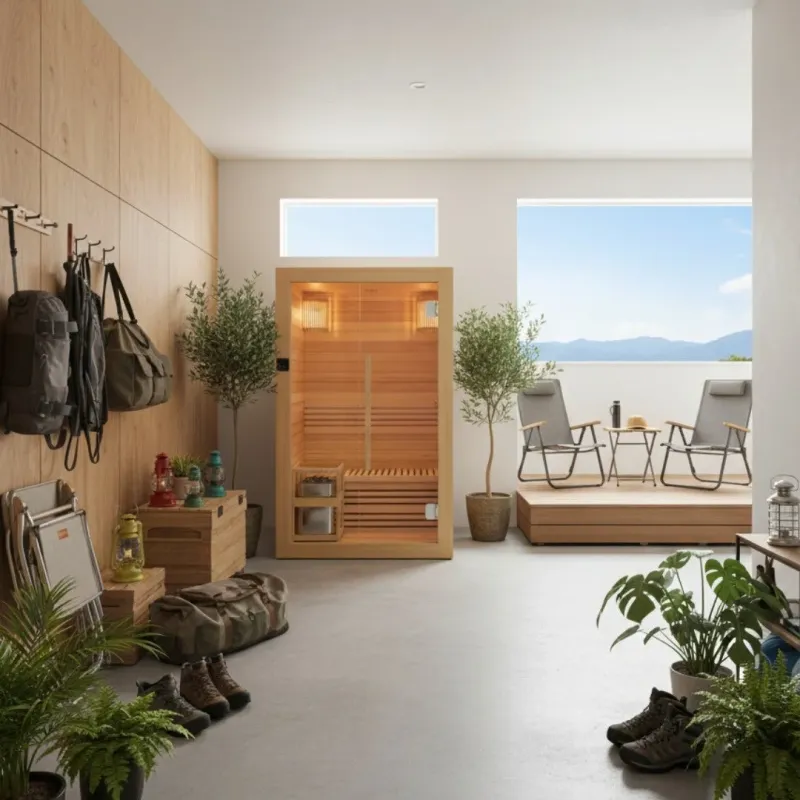 自然と調和したアウトドア風のサウナユニット