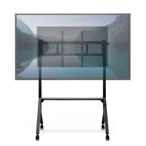 キャスター付きの黒い移動式スタンドに設置された大型ディスプレイ