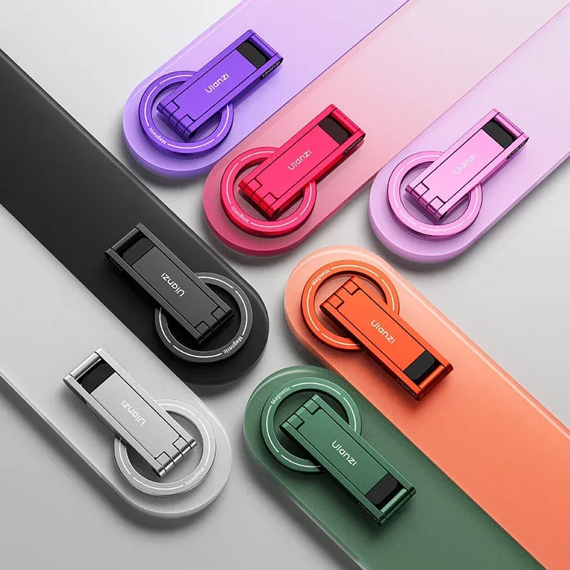 様々な色のマグネット式スマートフォンスタンドが複数並べられています。Ulanziとizubinのブランド名が見られ、折りたたみ可能なスタイリッシュなデザインが特徴です。