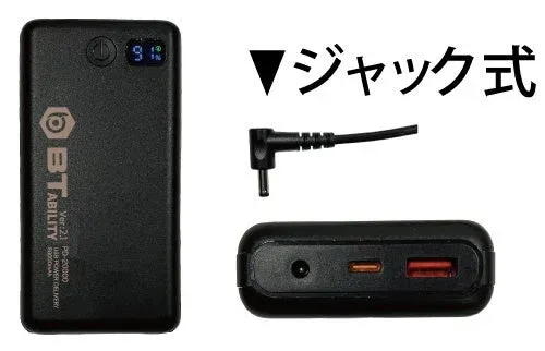 黒いモバイルバッテリーと、そのジャック式ケーブルおよびポート部分を示す画像です。PD充電に対応し、20000mAhの容量を持つことが表示されています。