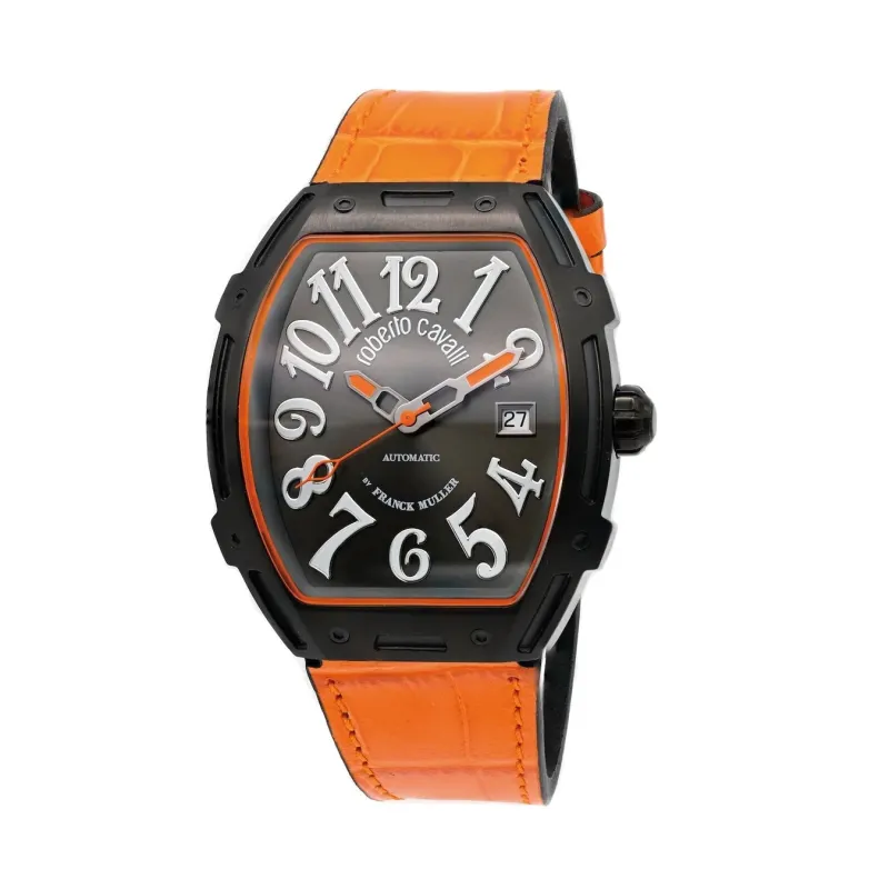 ロベルトカヴァリとフランクミュラーのコラボレーションによるメンズ腕時計。鮮やかなオレンジのクロコ型押しレザーストラップとブラックのトノー型ケースが特徴。文字盤はダークグレーで、視認性の高い白いアラビア数字と日付表示を備えた、モダンで洗練されたデザインの自動巻き時計です。